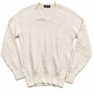 Vintage Puritan Sweater Men L Cream V Neck Textured Knit Made In USA Grandpa